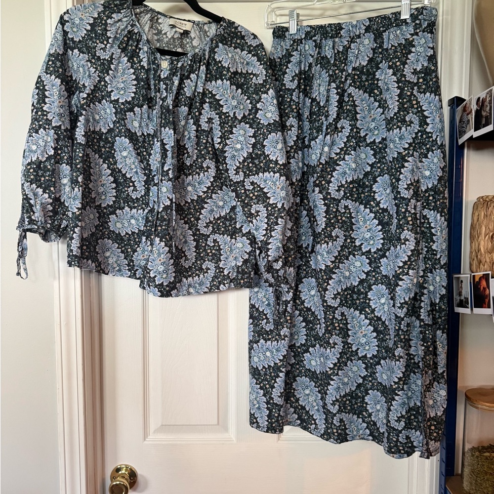 J. Crew Black and Blue Floral Midi Skirt and shirt set